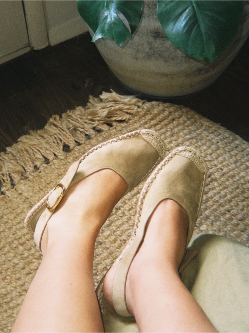 Zara Suede Slingback Espadrille with Gold Buckle - Beige